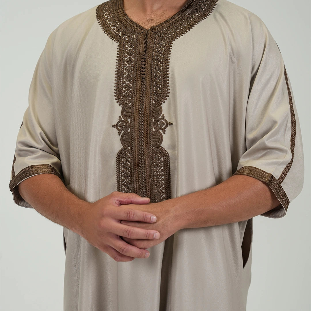 Embroidered kandoora with Short Sleeves For Men Beige & Brown Color