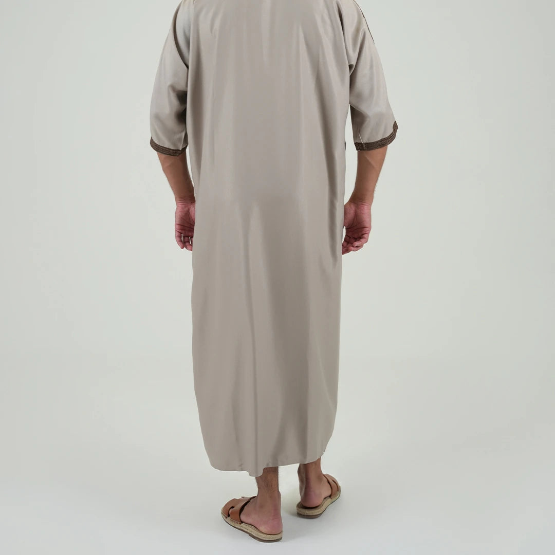 Embroidered kandoora with Short Sleeves For Men Beige & Brown Color