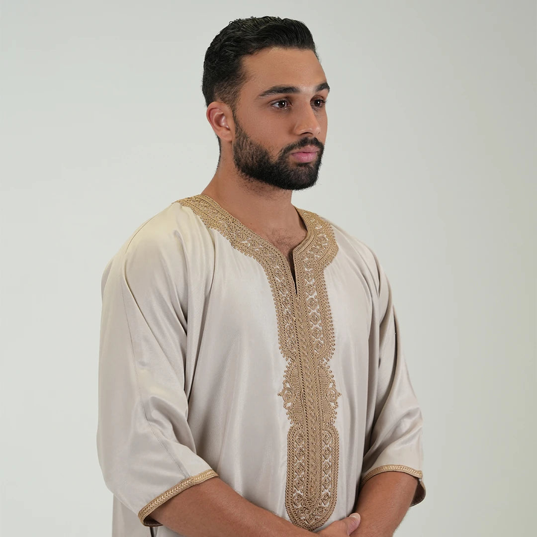 Embroidered kandoora with Short Sleeves Beige &amp; Gold Color