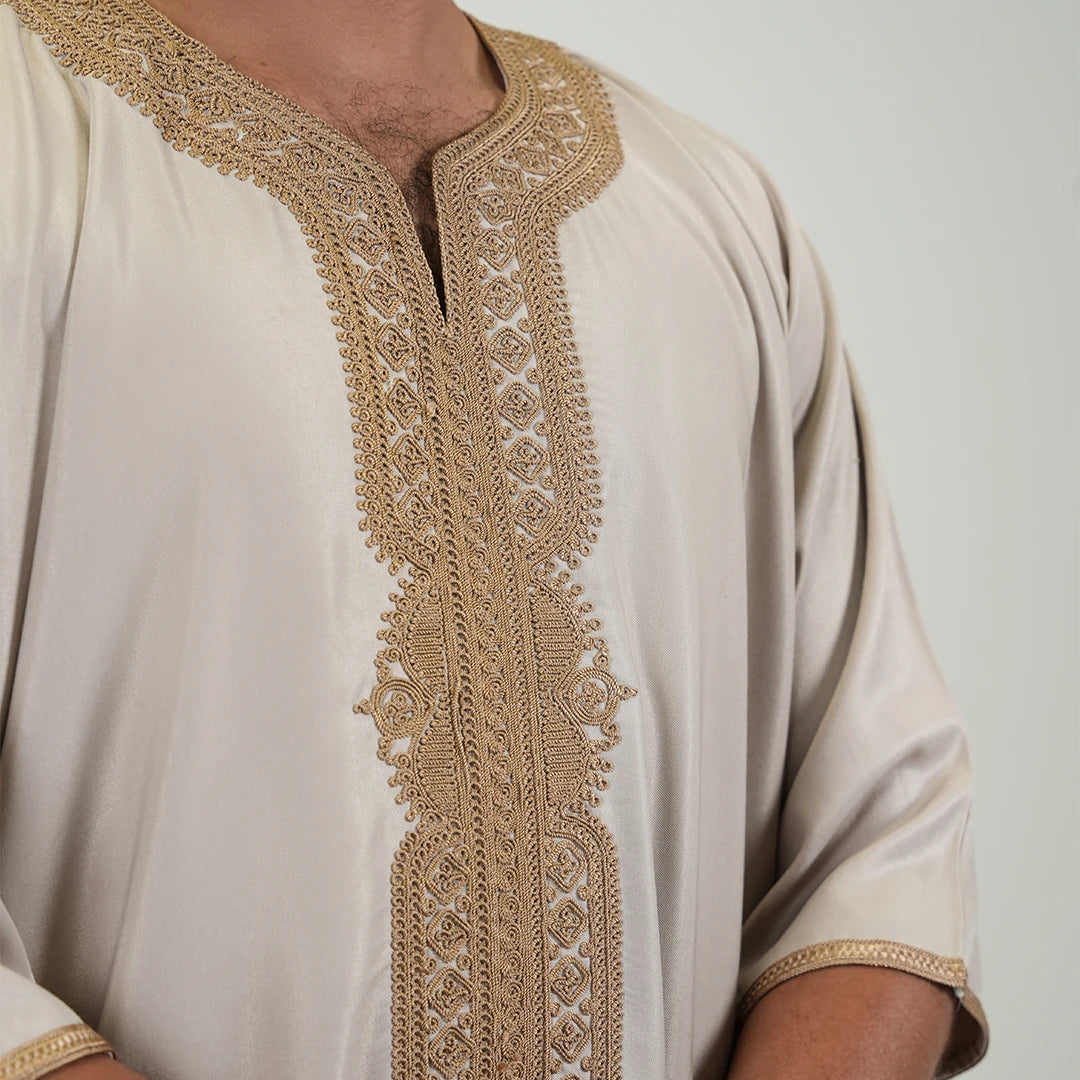 Embroidered kandoora with Short Sleeves Beige &amp; Gold Color