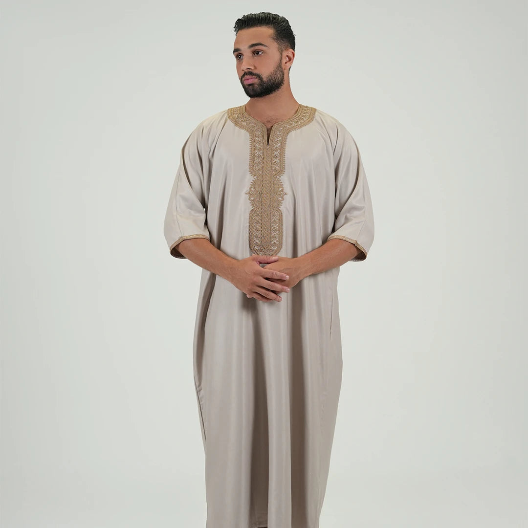 Embroidered kandoora with Short Sleeves Beige &amp; Gold Color