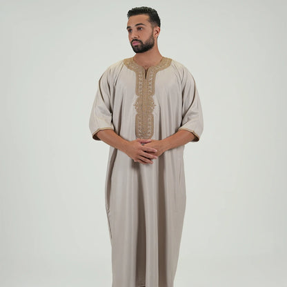 Embroidered kandoora with Short Sleeves Beige &amp; Gold Color