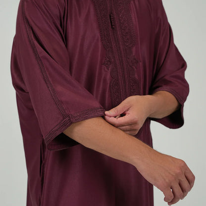 Embroidered kandoora with Short Sleeves Burgundy Color