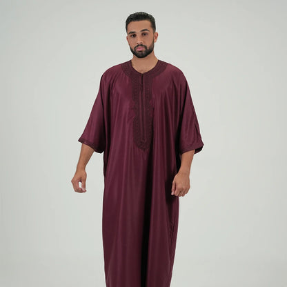 Embroidered kandoora with Short Sleeves Burgundy Color