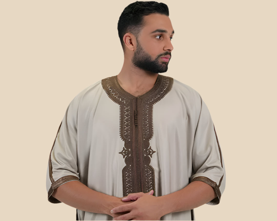 Embroidered kandoora with Short Sleeves For Men Beige &amp; Brown Color