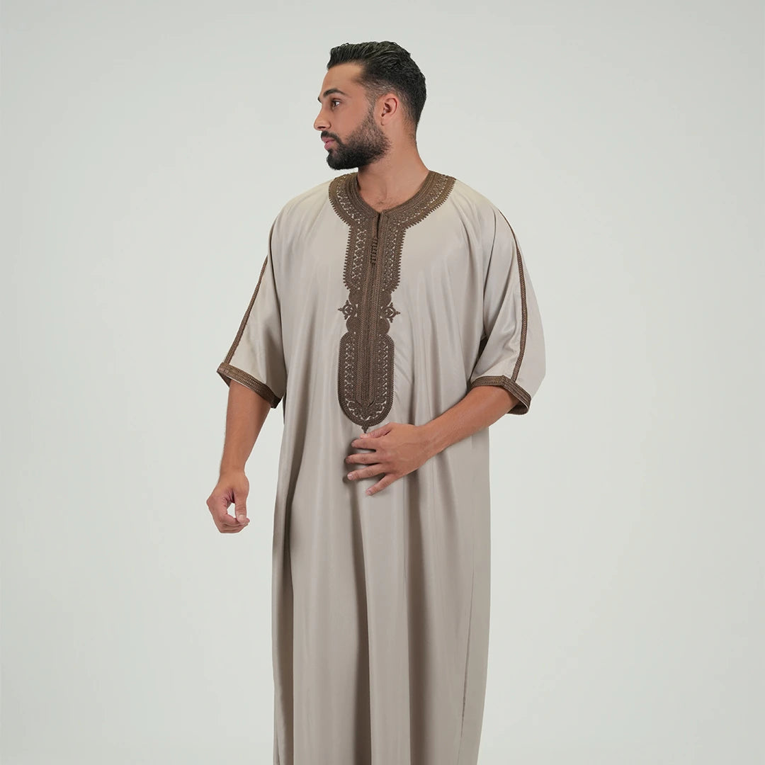 Embroidered kandoora with Short Sleeves For Men Beige &amp; Brown Color