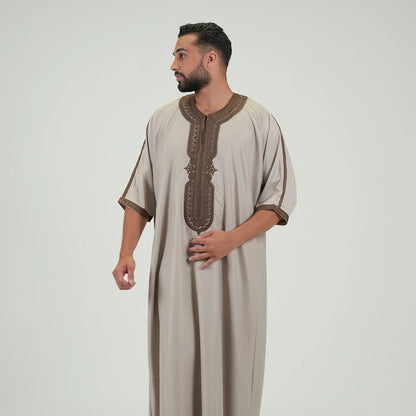 Embroidered kandoora with Short Sleeves For Men Beige &amp; Brown Color