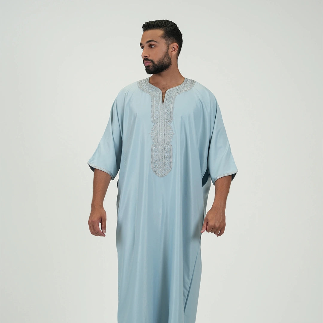 Embroidered kandoora with Short Sleeves For Men Sky Blue Color
