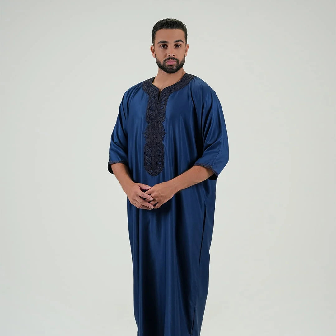 Embroidered kandoora with Short Sleeves Navy Blue &amp; Black Color