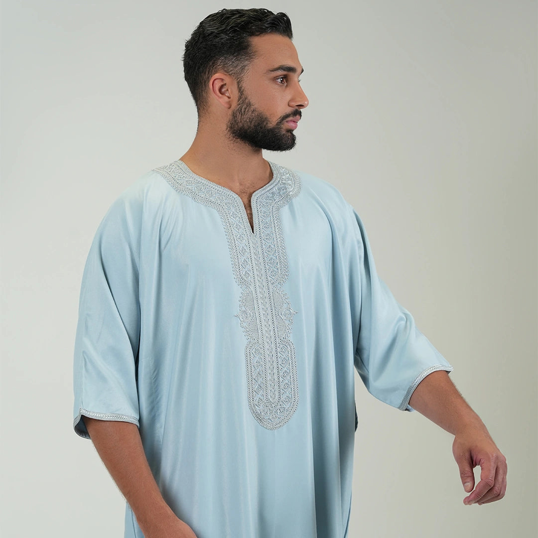 Embroidered kandoora with Short Sleeves For Men Sky Blue Color