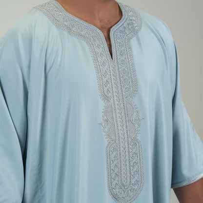 Embroidered kandoora with Short Sleeves For Men Sky Blue Color